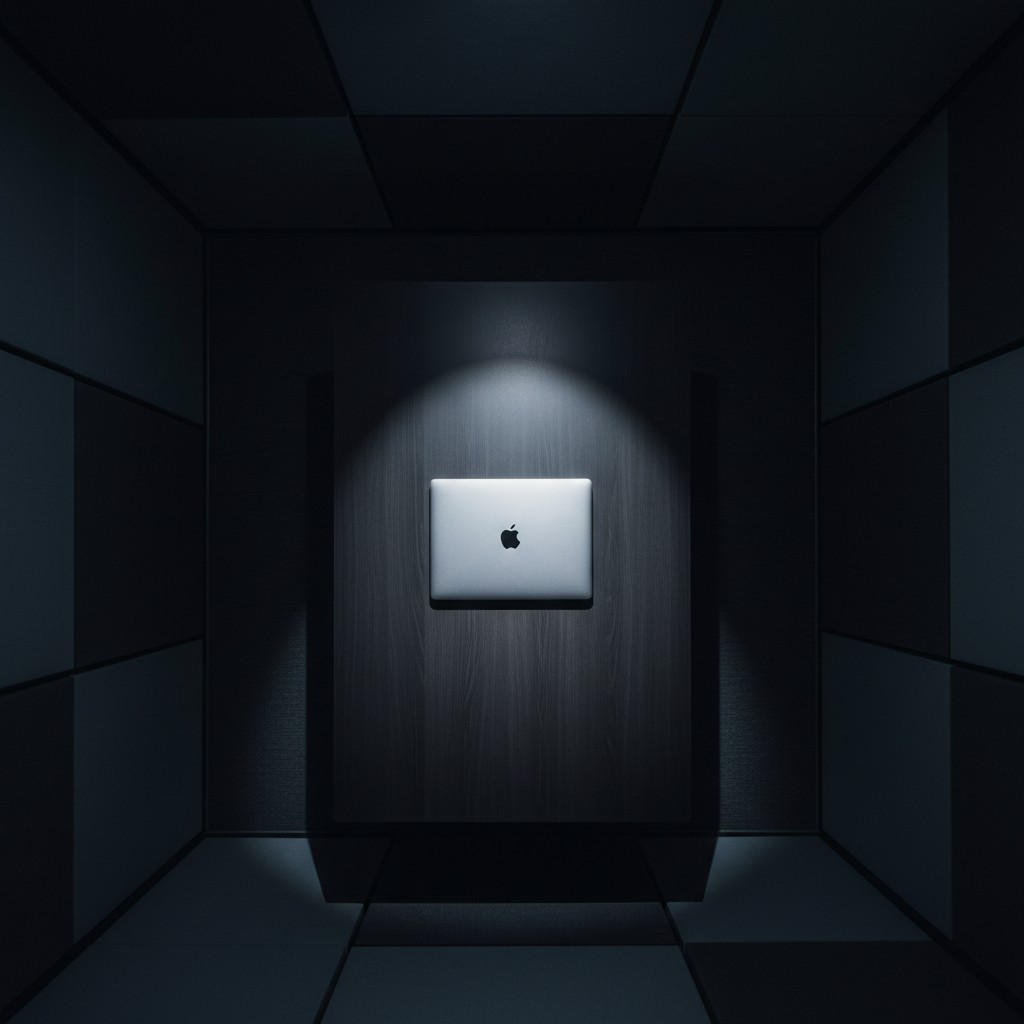 An Apple Macbook laptop with a light shining on the screen in a dark room or hallway.