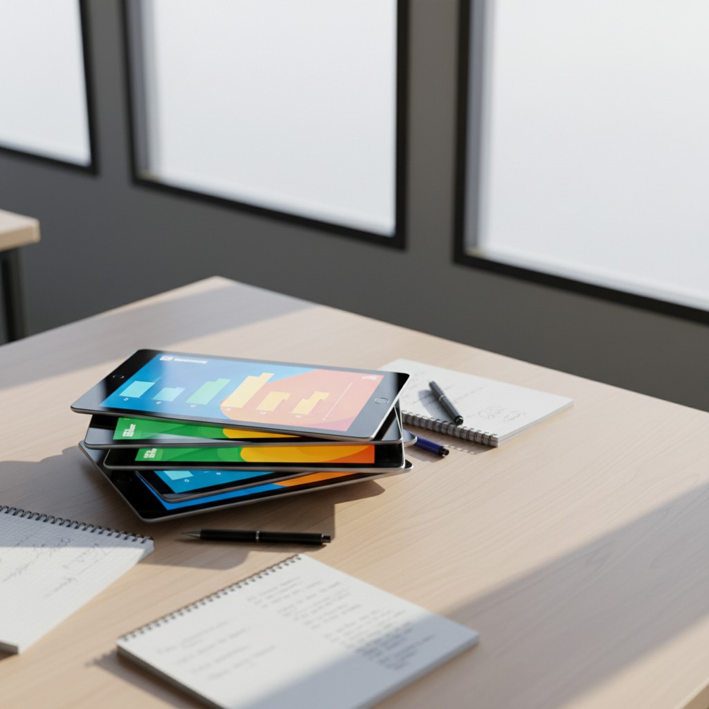 A light wood table holds a collection of tablets in various colors.