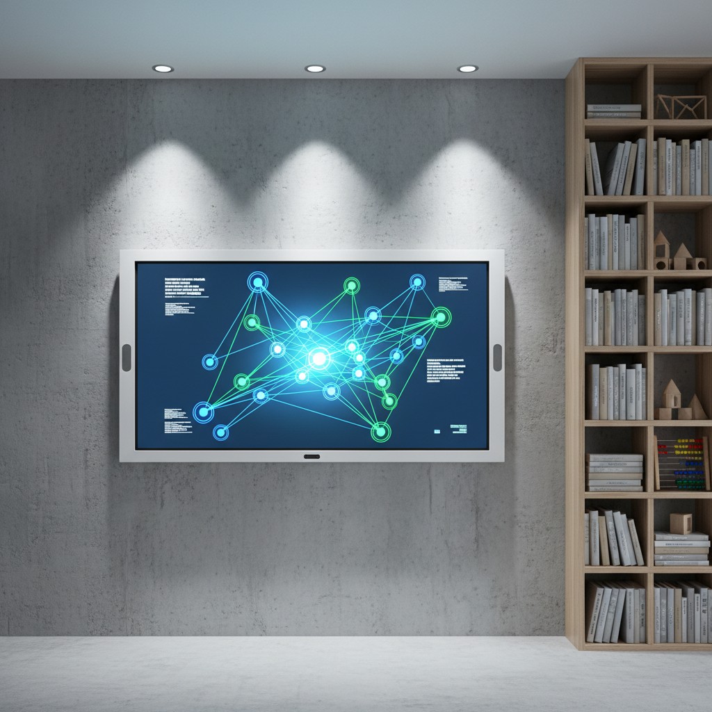 A wall-mounted interactive touch panel installed in a home office space, with network visualization graphic displayed on s...