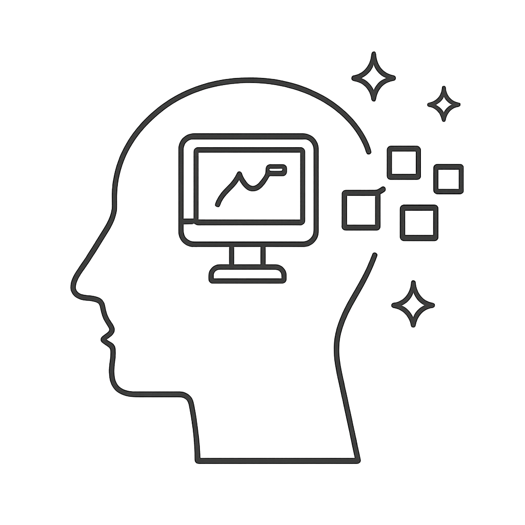 A graphic illustration of a head with various icons, including a graph, devices, and symbols.